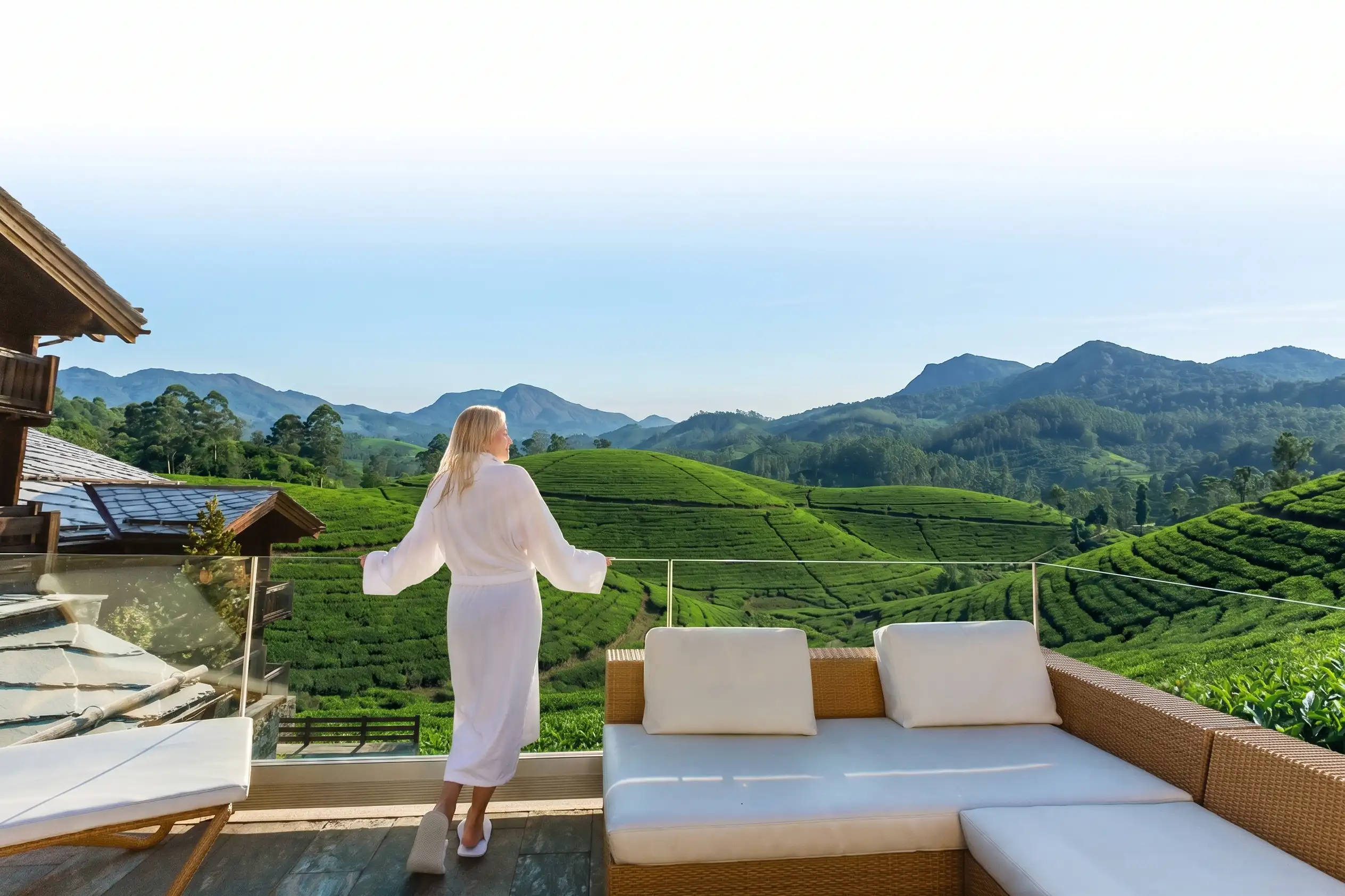 SkyNest Kandy — tea-country terrace overlooking misty hill range
