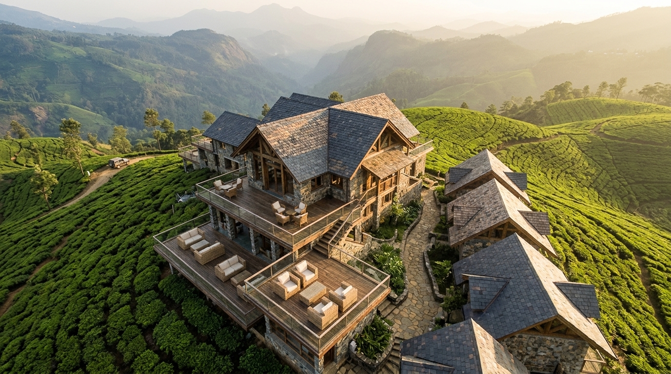 Sky Nest — aerial view of Sri Lankan hill country sanctuary with tea plantations