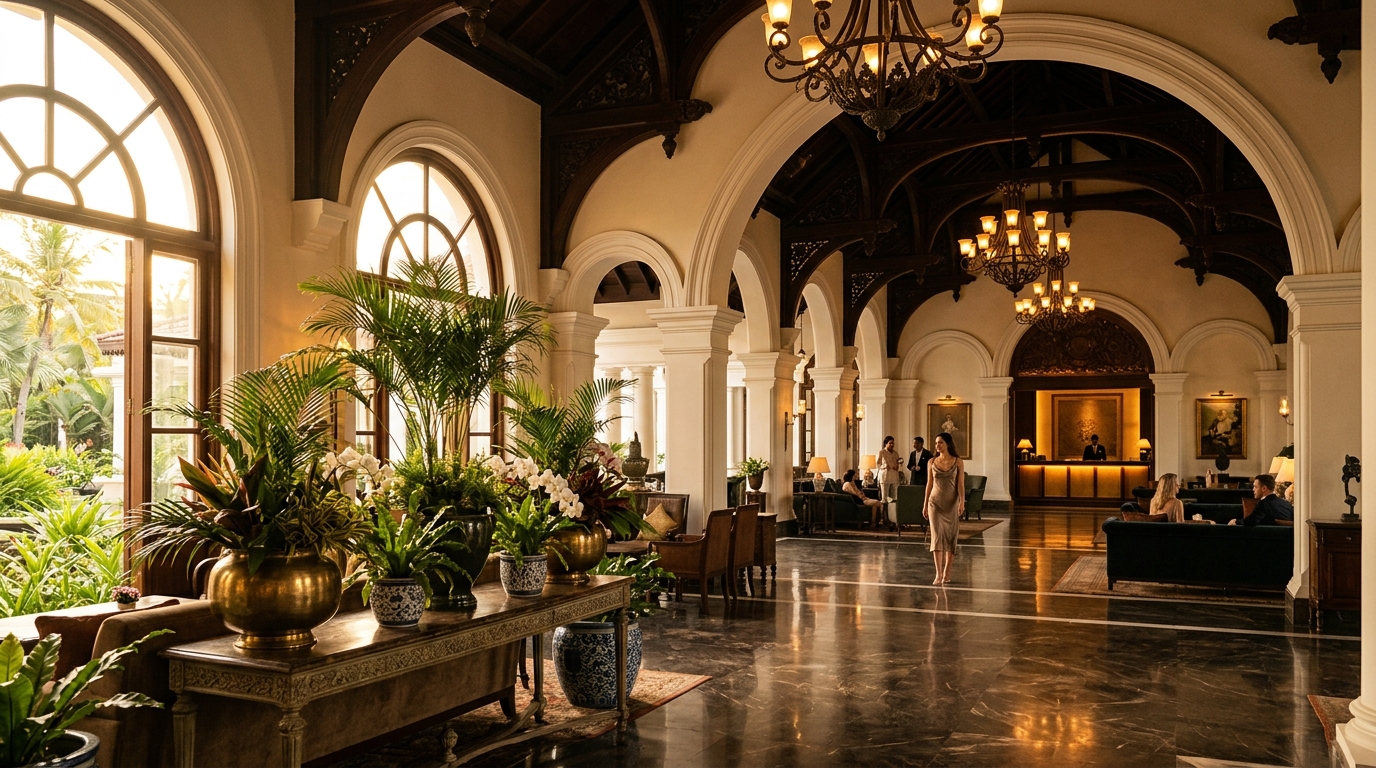 Sky Nest grand colonial lobby with tropical botanicals and marble floors